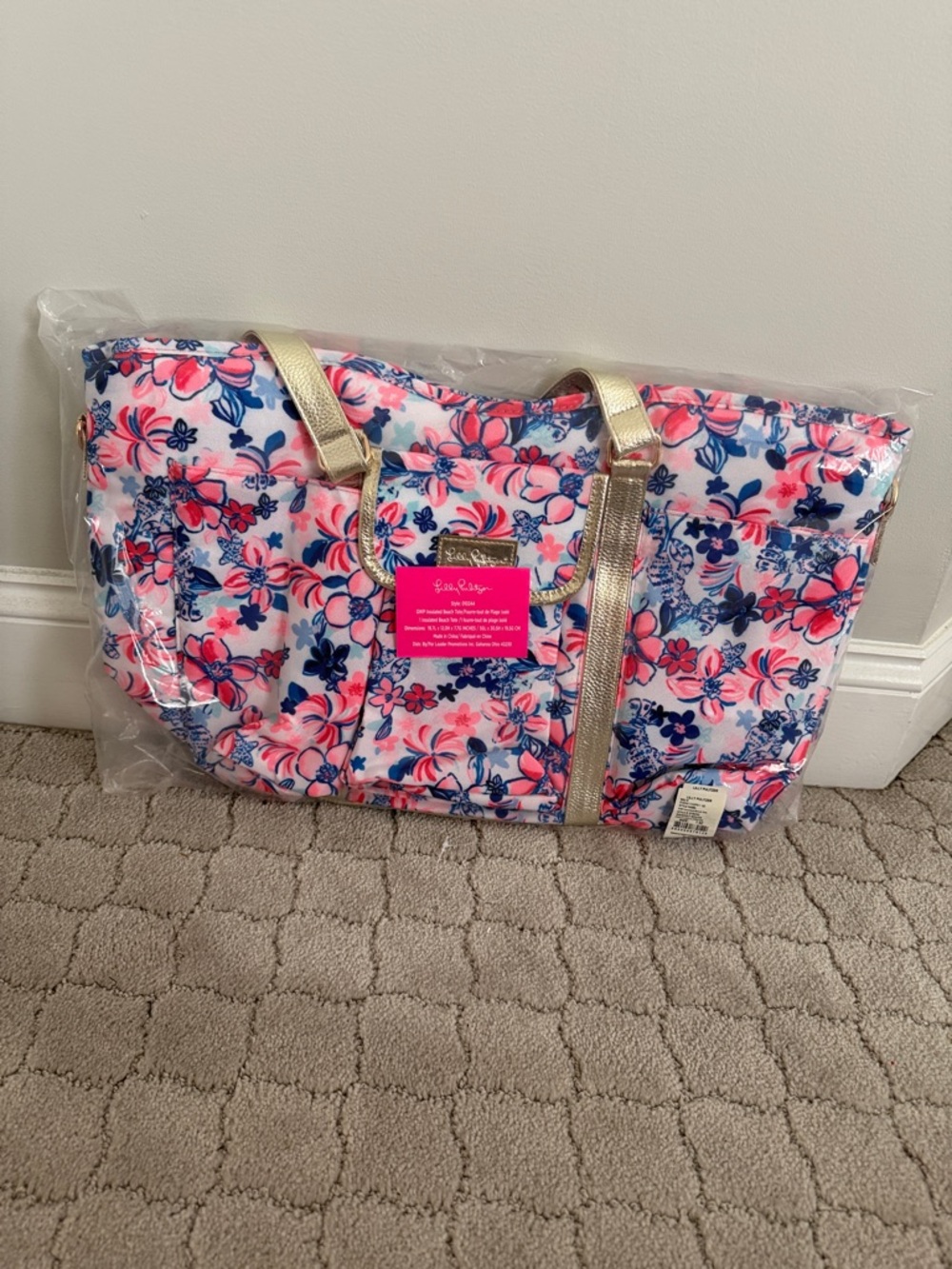Vera Bradley Pink and Blue Floral Tote with Gold Handles